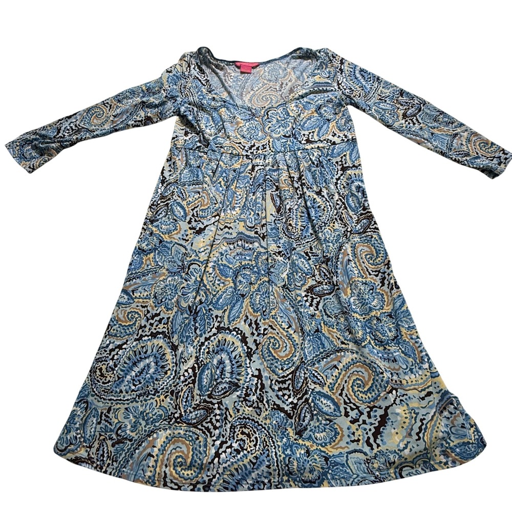 Sunny Leigh Empire Waist Dress SZ S Blue Paisley 3/4 Sleeve Boho cottagecore‎
